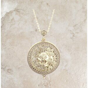 Antique Gold Sun Crescent Moon Magnifying Glass Pendant Long Necklace